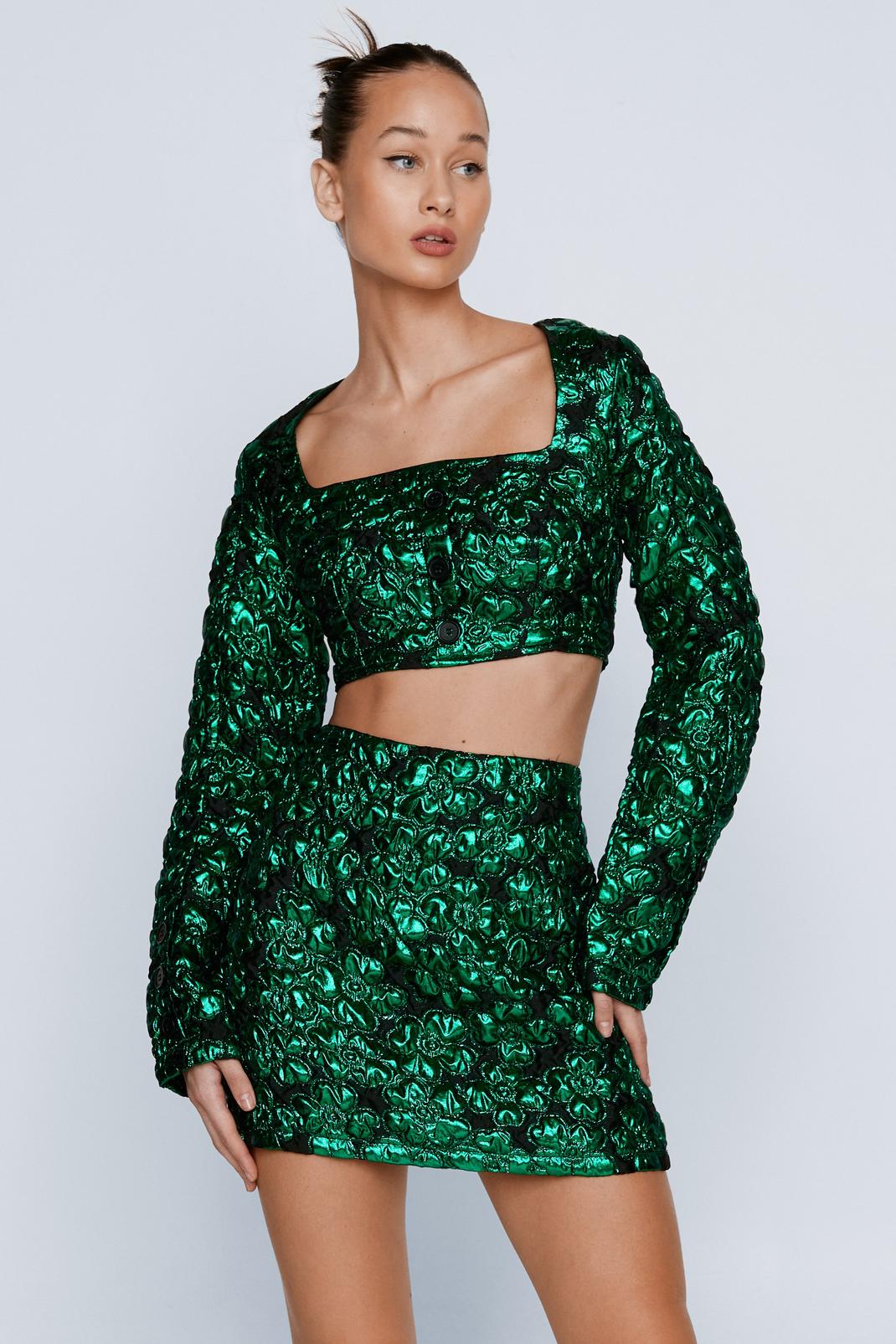Green Floral Jacquard Tailored Mini Skirt image number 1