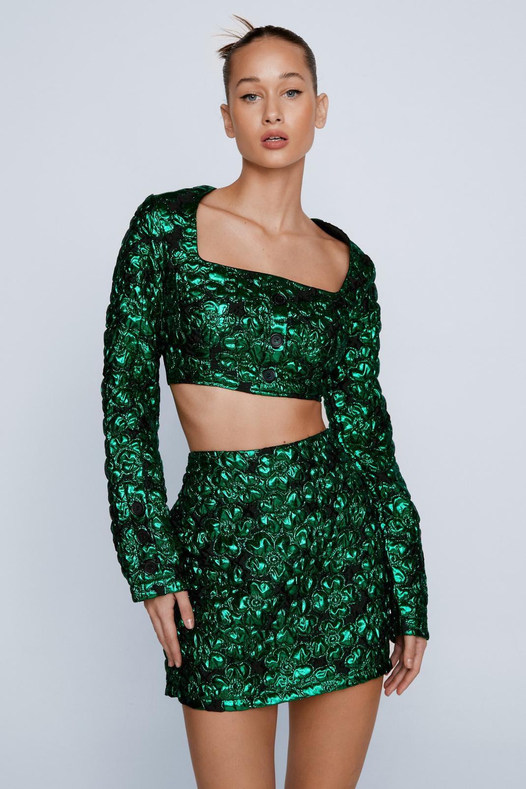 Green Floral Jacquard Tailored Cropped Jacket image number 1