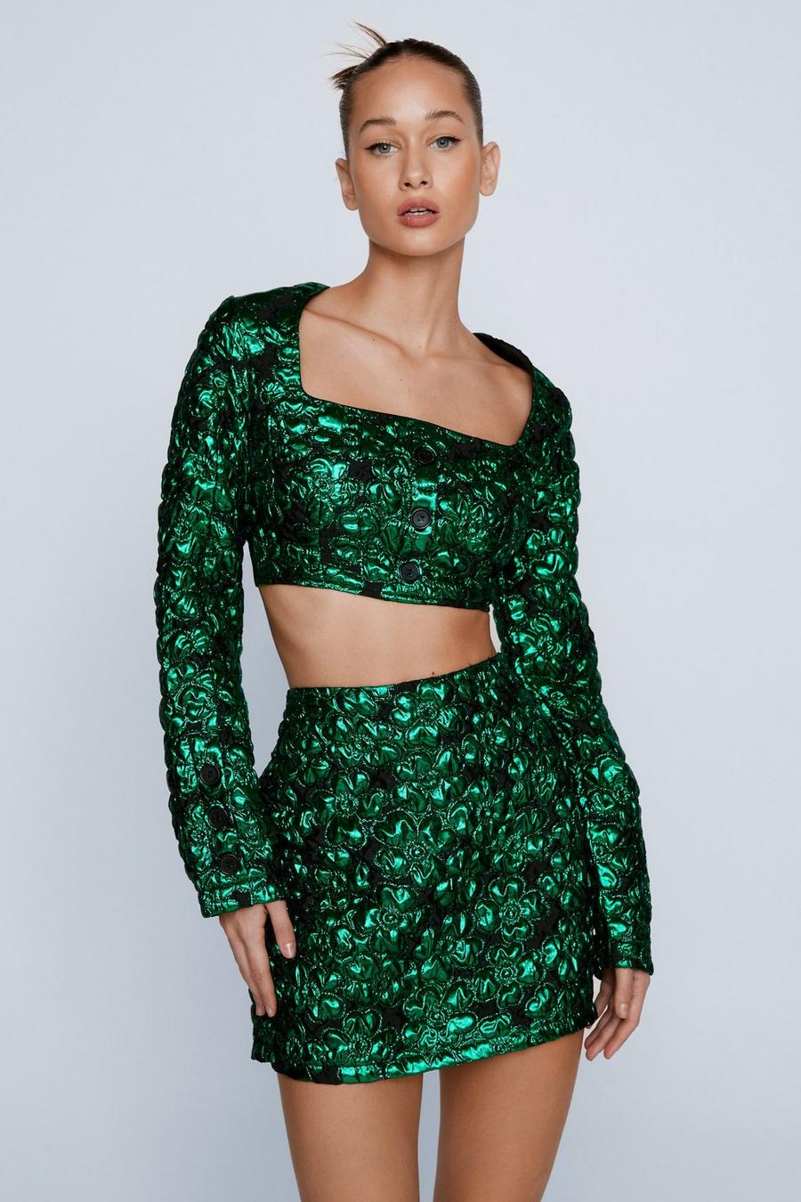 Floral Jacquard Two Piece Tailored Cropped Jacket