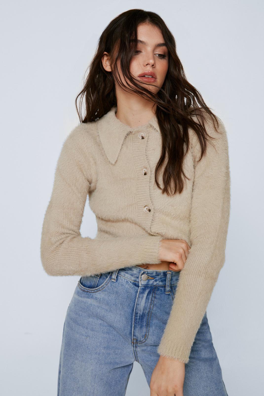 Neutral Fluffy Cropped Collared Cardigan image number 1