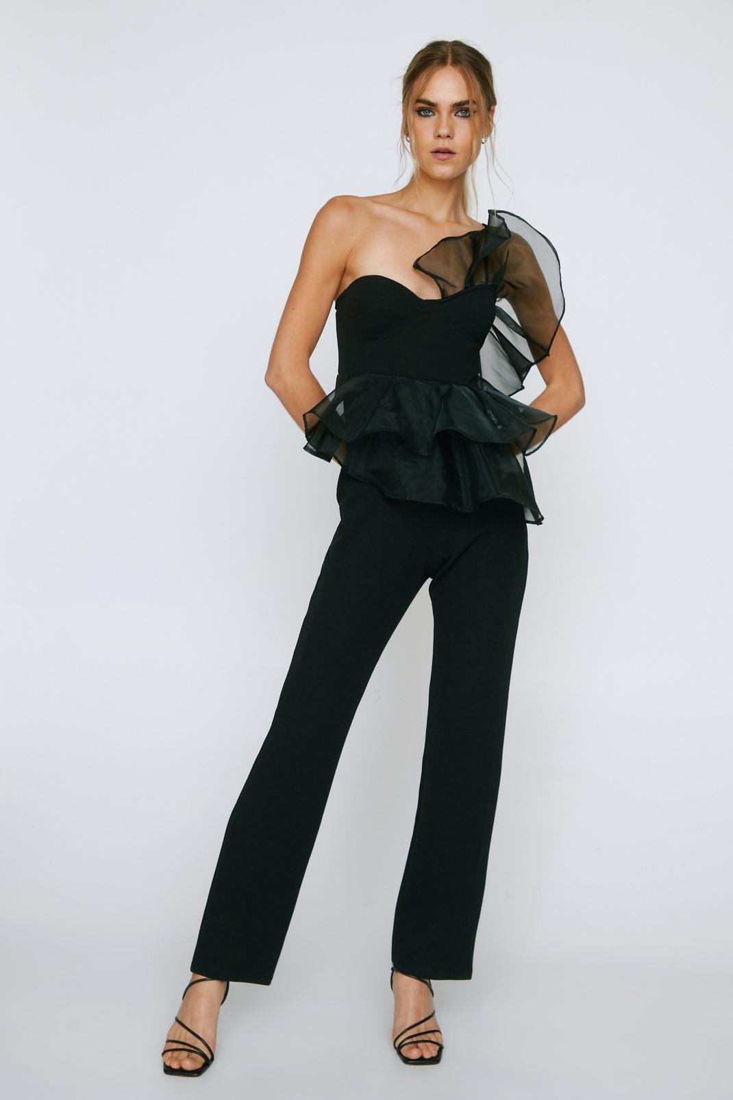Black Strapless Jumpsuit With Structured Frill image number 1