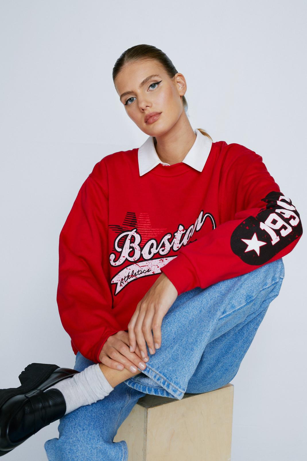 Red Boston Graphic Oversized Sweater image number 1