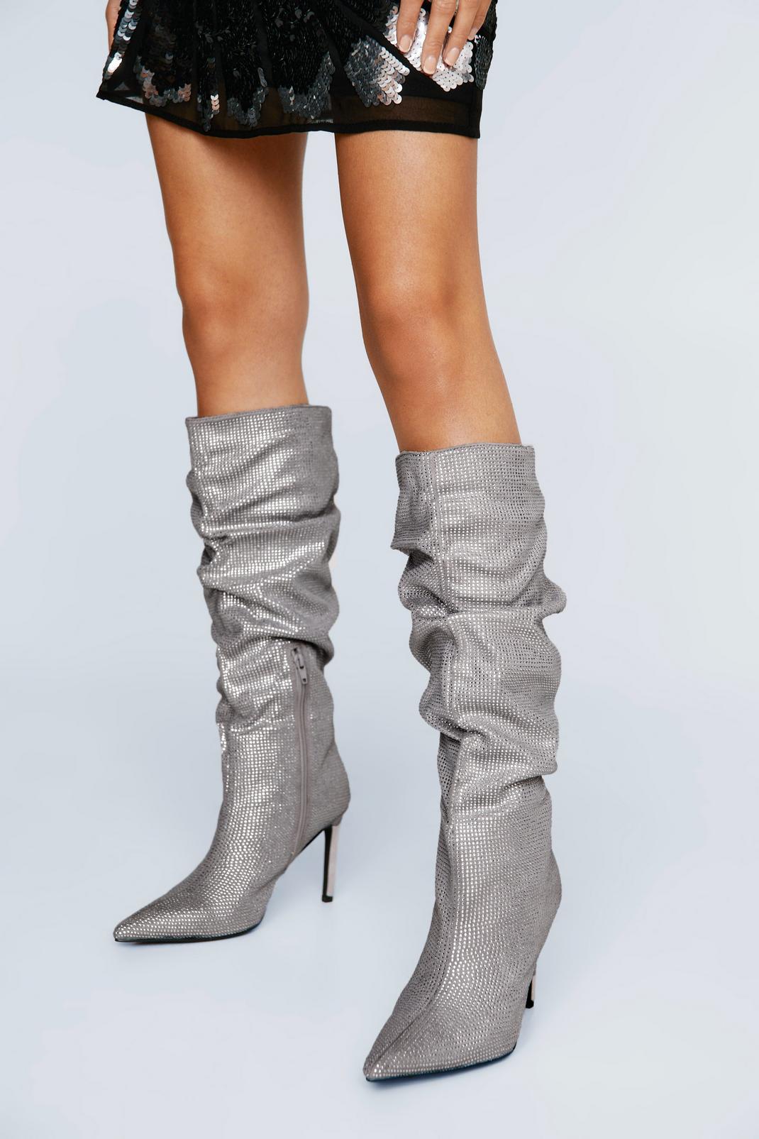 Silver Diamante Slouchy Boots image number 1