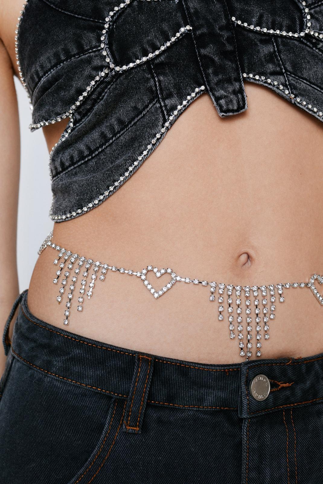 Silver Diamante Heart Belly Chain Belt  image number 1
