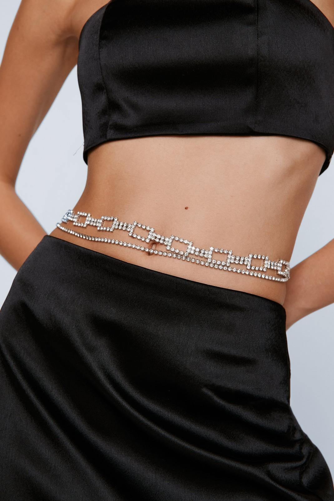 Silver Diamante Double Belly Chain Belt  image number 1