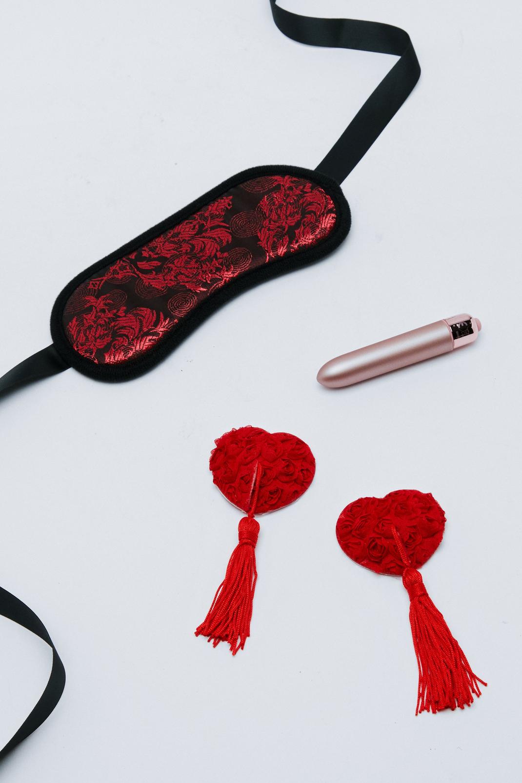 Red Nipple Covers, Eye Mask, And Bullet Vibrator Set image number 1