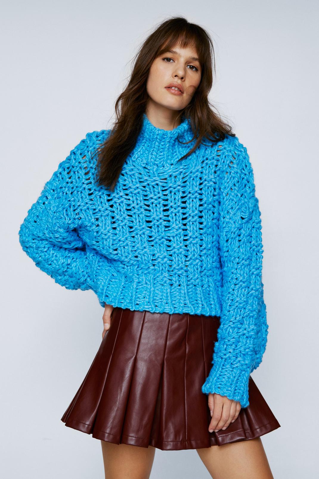 Blue Cable Weave Stitch High Neck Sweater image number 1