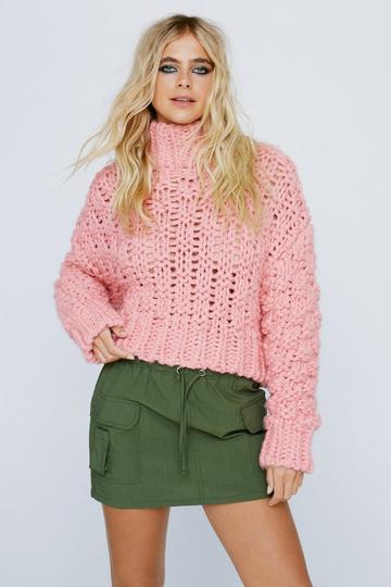 Cable Weave Stitch High Neck Jumper pink