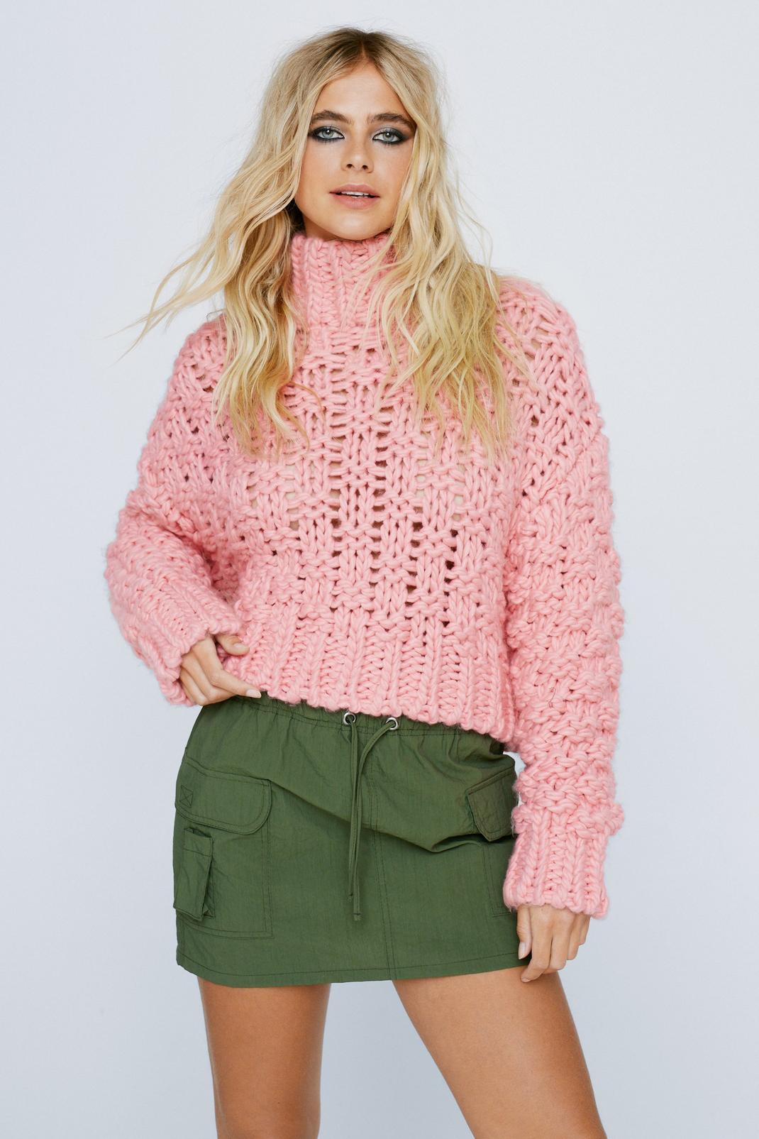 Pink Cable Weave Stitch High Neck Sweater image number 1