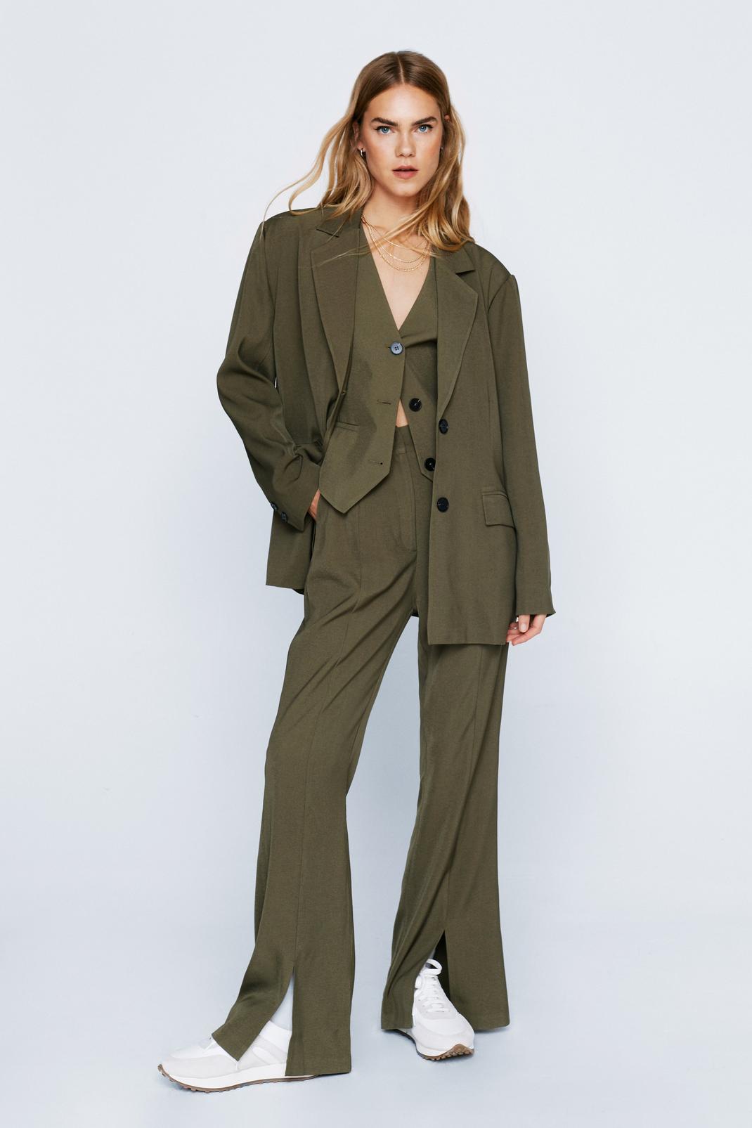 Olive Tailored Split Front Wide Leg Trousers image number 1