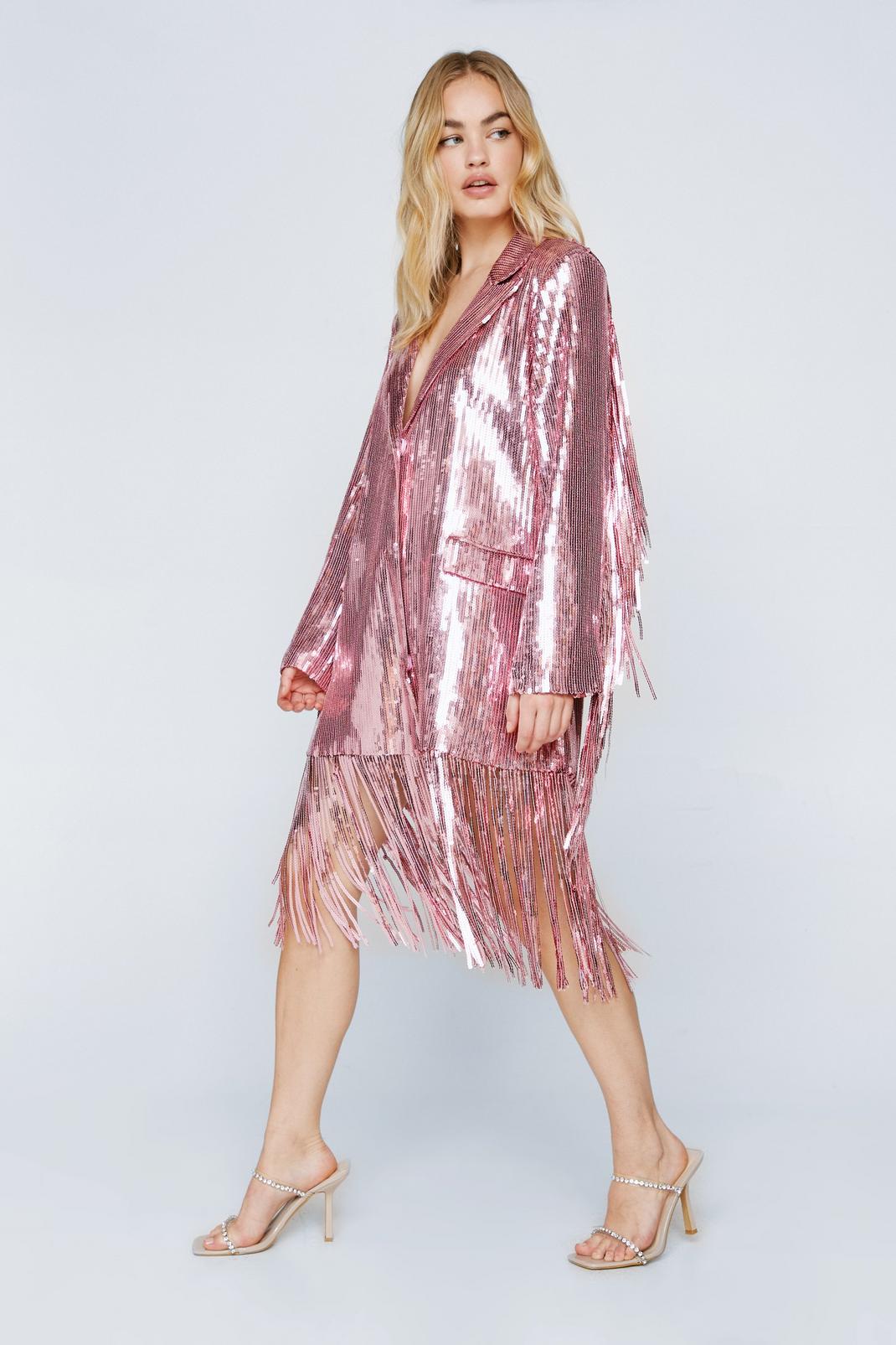 Bright pink Sequin Tassel Trim Blazer Dress image number 1