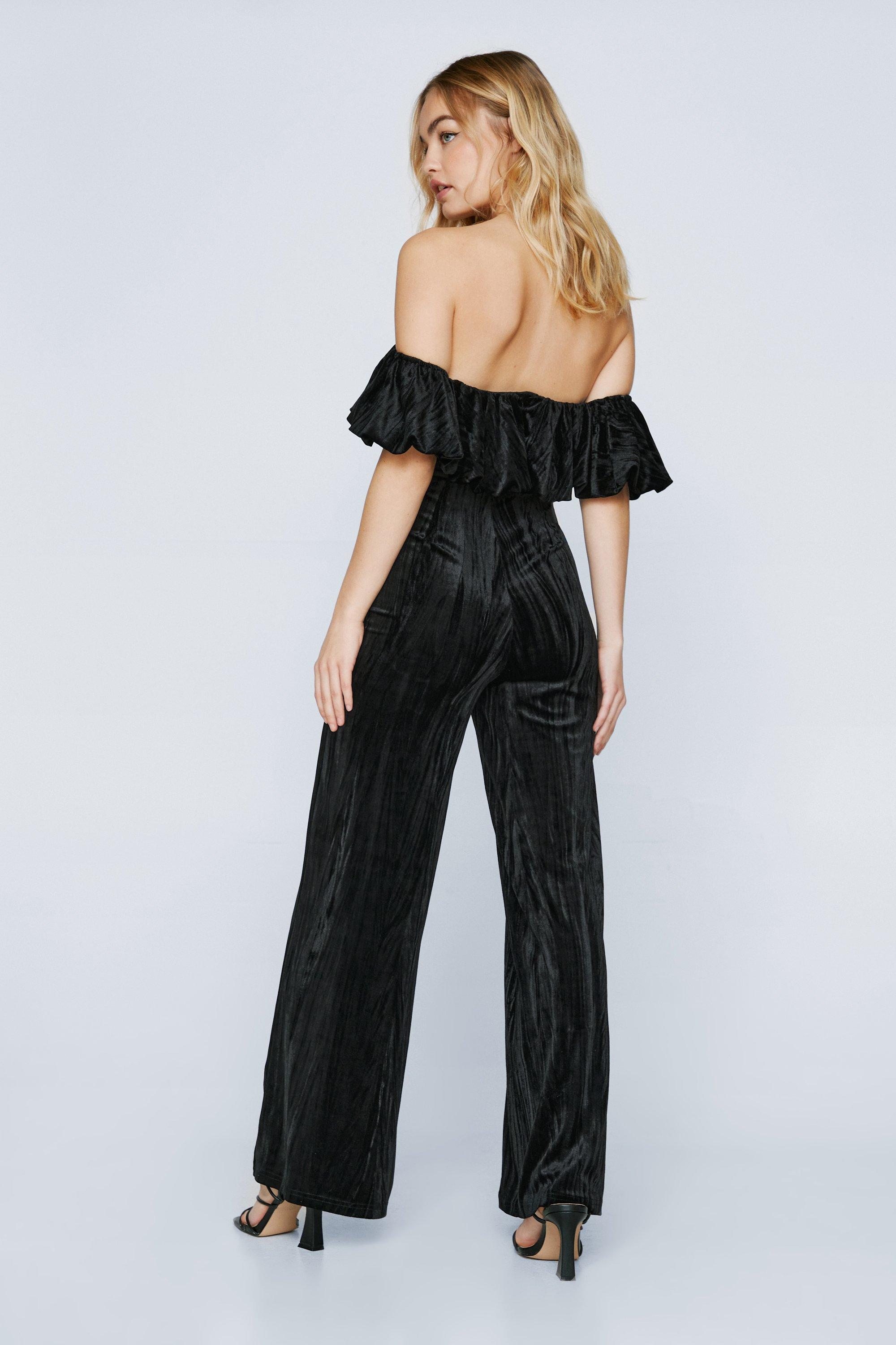 Structured Velvet Frill Bardot Jumpsuit Nasty Gal