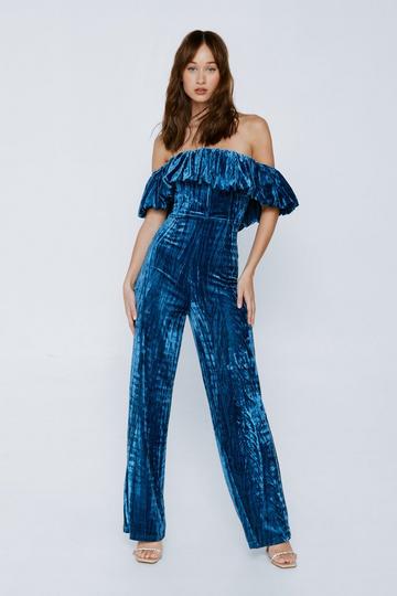 Blue Structured Velvet Frill Bardot Jumpsuit