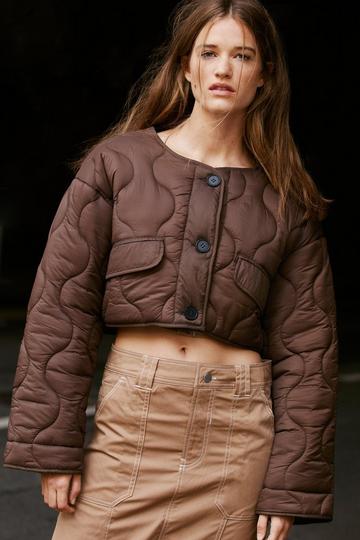 Cropped Quilted Button Down Puffer Coat medium brown