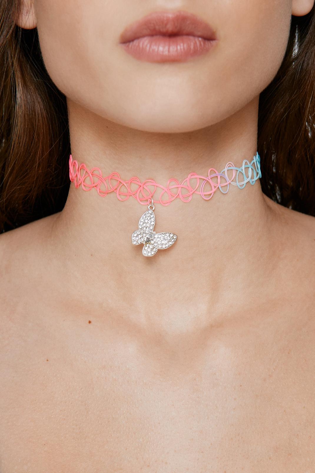 Choker multicolore papillon à strass, Pink image number 1