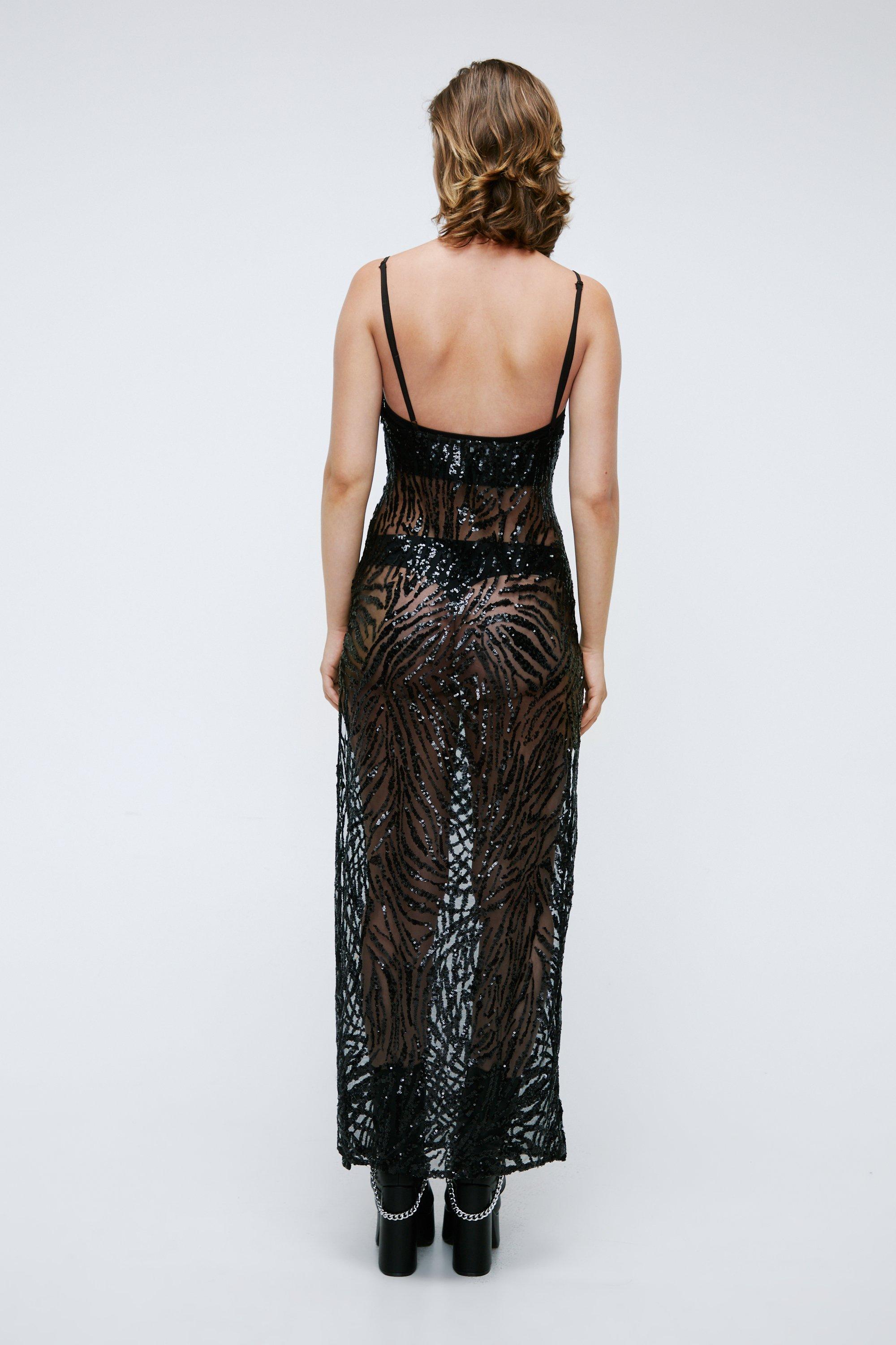 Lace Trim Sheer Mesh Maxi Slip Dress