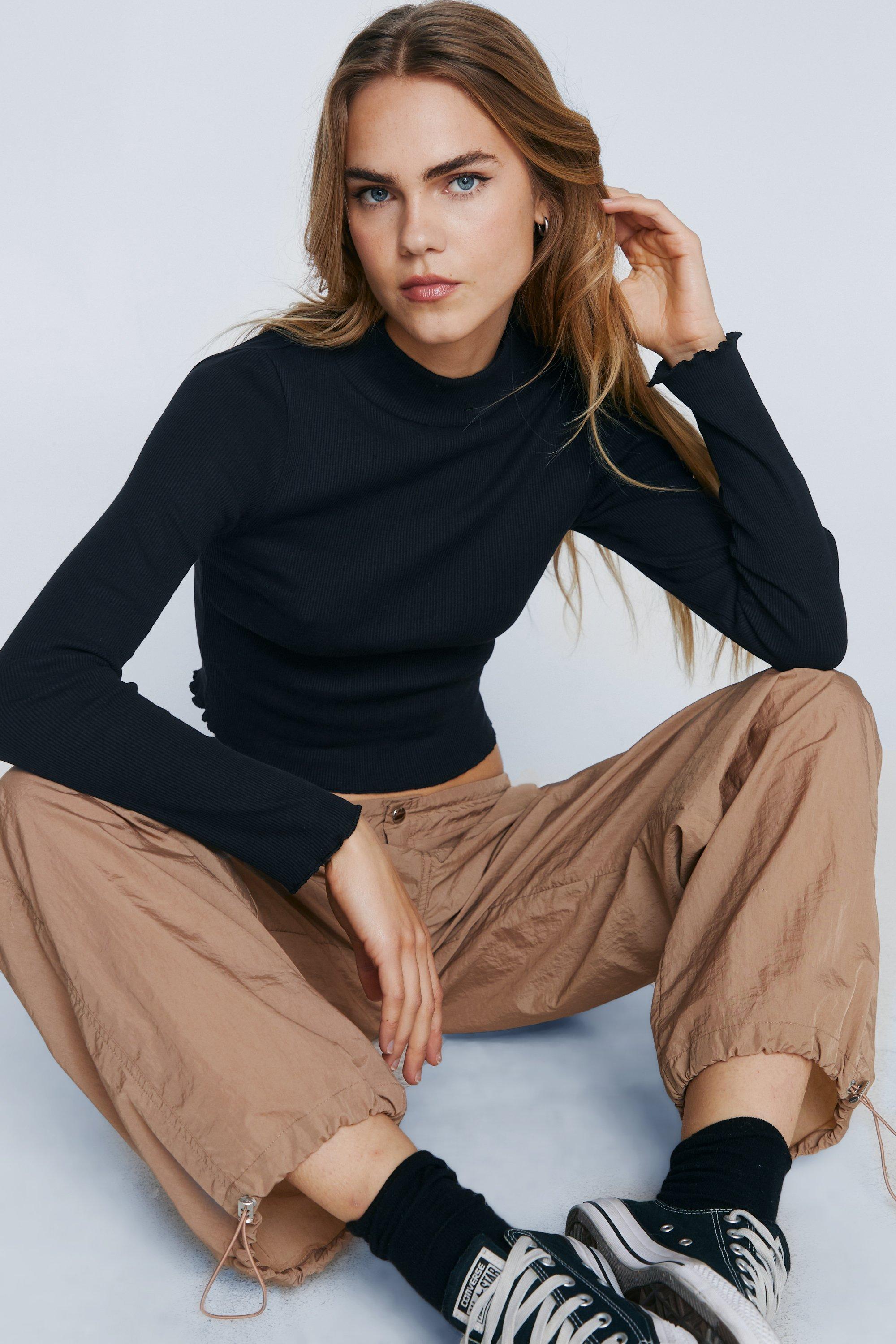 Lettuce Edge Funnel Neck Long Sleeve Top