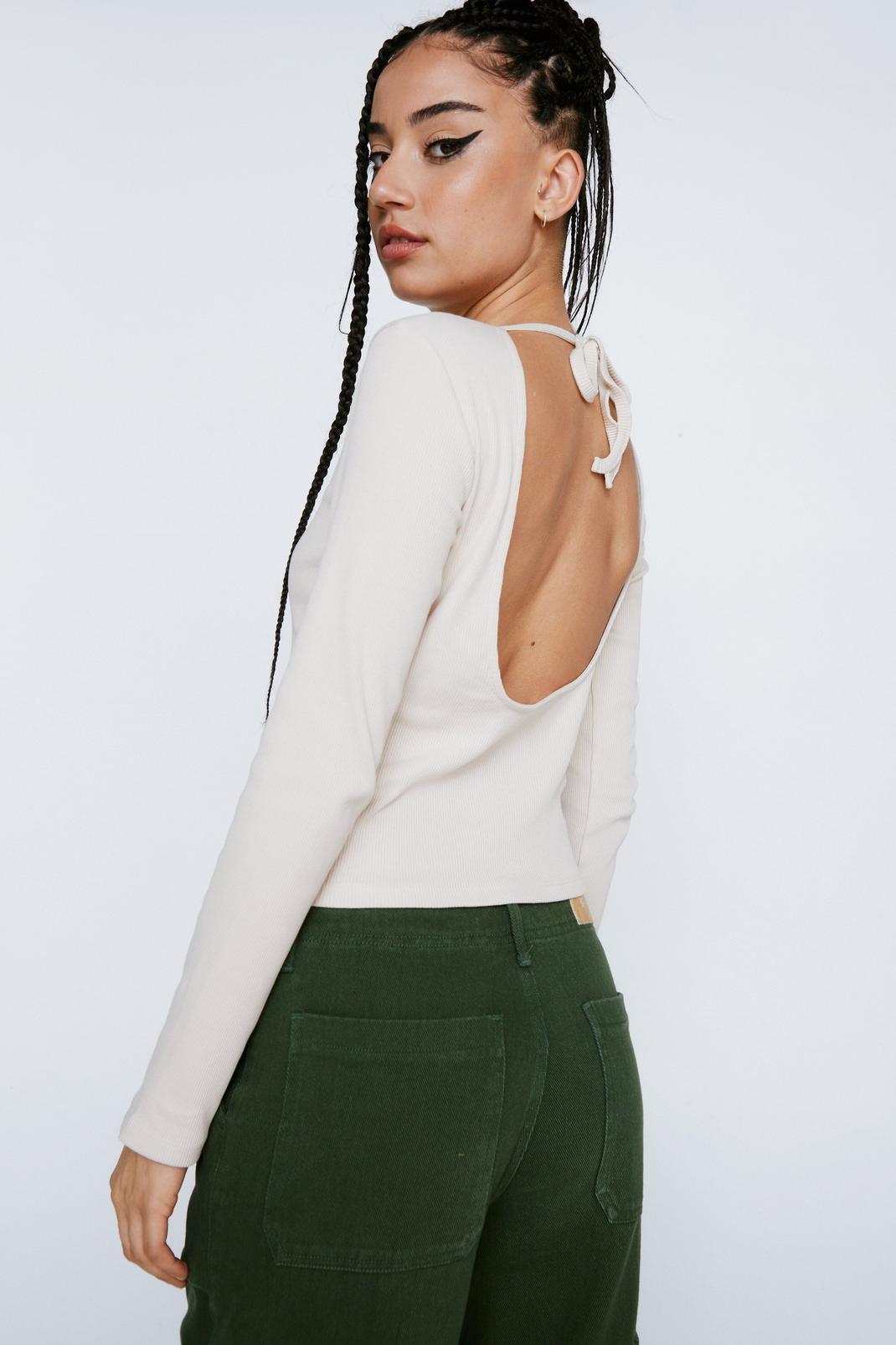 Oatmeal Long Sleeve Backless Tie Up Top image number 1