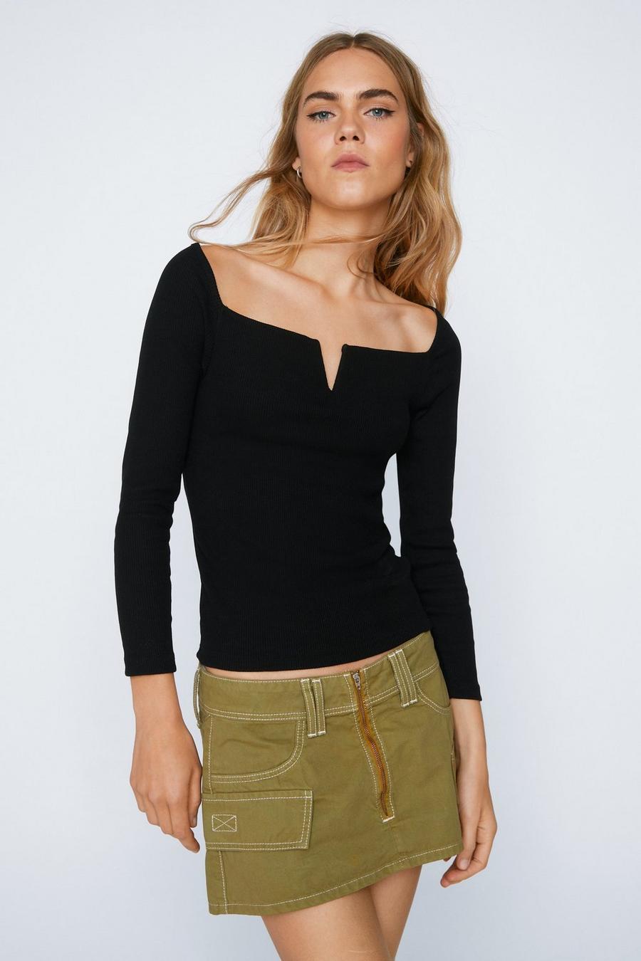 Notched V Neck Ribbed Long Sleeve Top