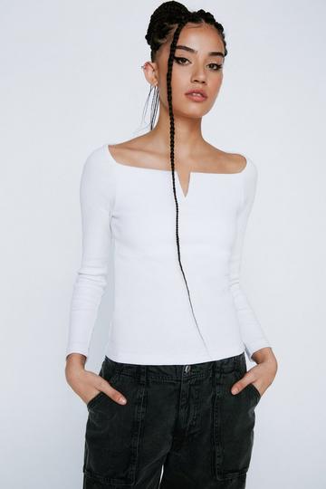 White Notched V Neck Ribbed Long Sleeve Top