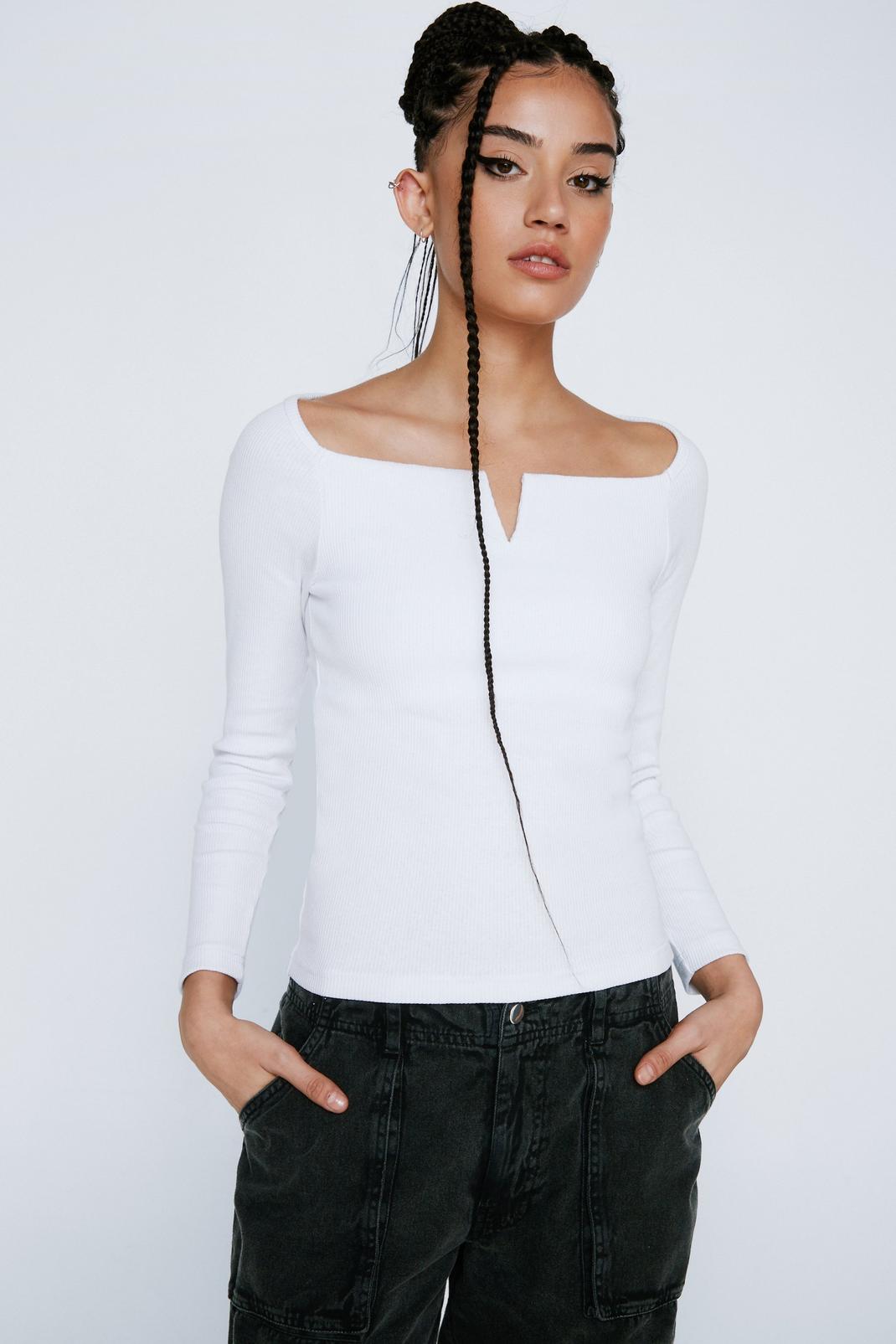 White Notched V Neck Ribbed Long Sleeve Top image number 1