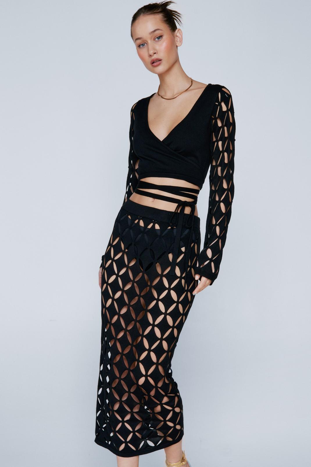 Black Knitted Cut Out Midi Skirt image number 1