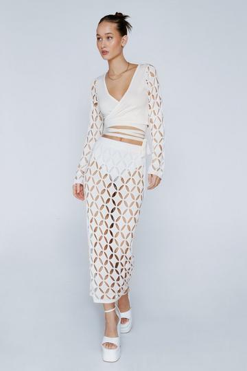 Knitted Cut Out Midi Skirt ivory