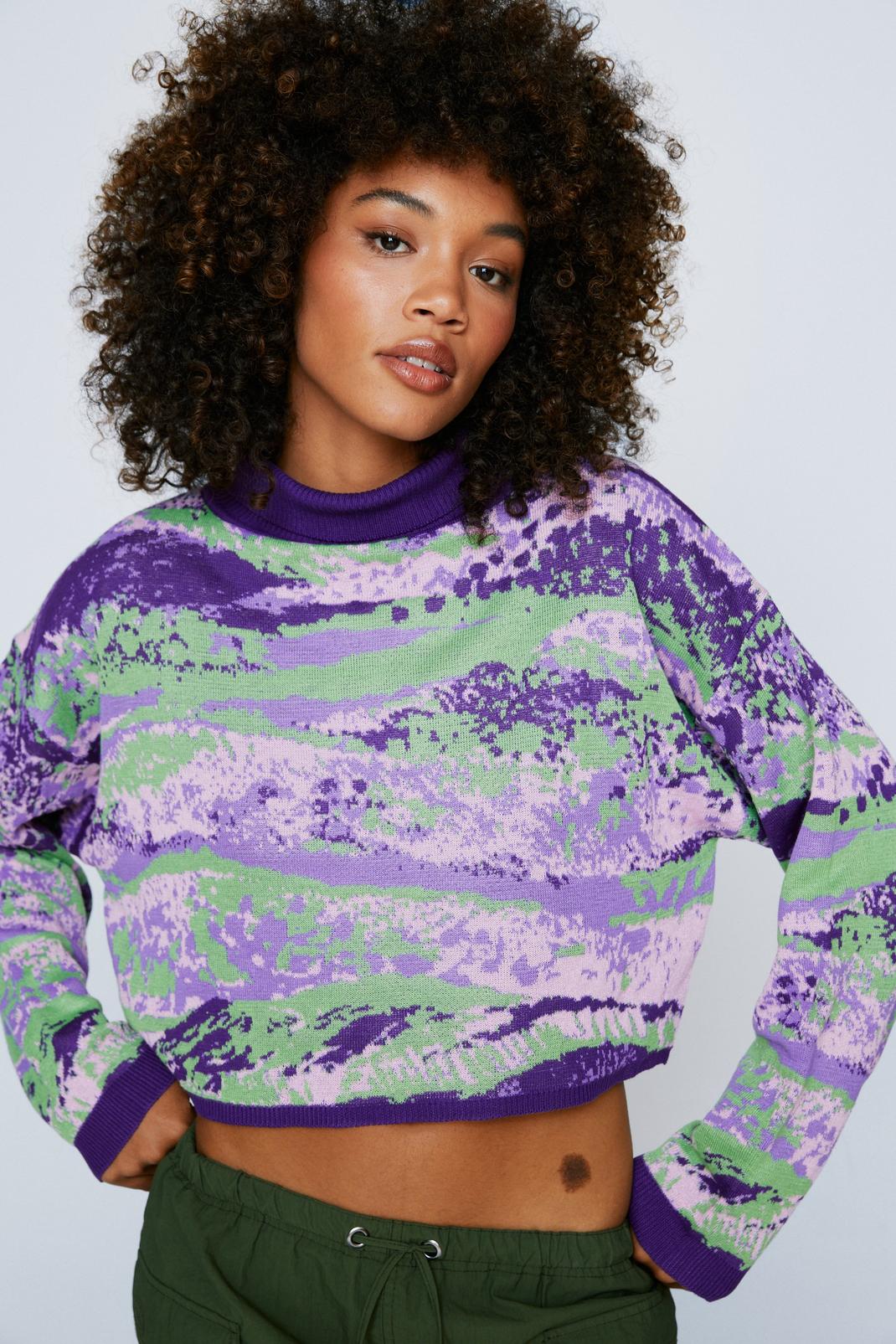 Purple Pixelated Oversized Knitted Sweater image number 1
