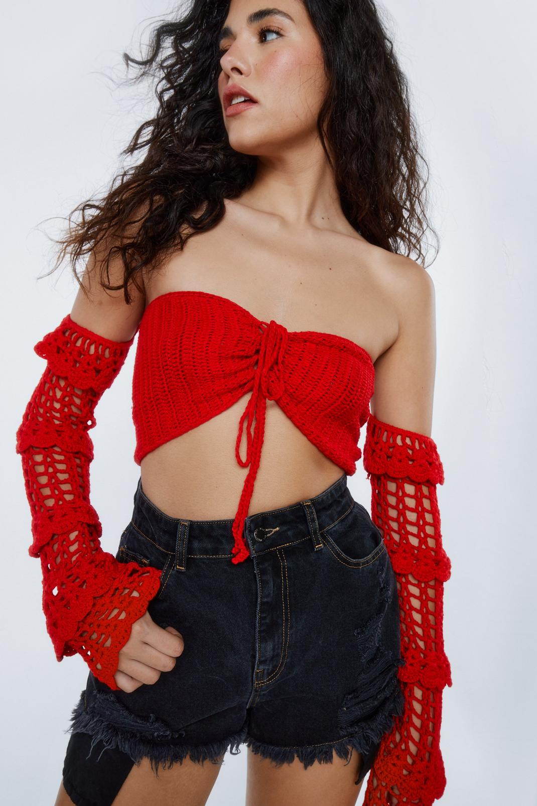 Red Crochet Off Shoulder Lace Up Top image number 1