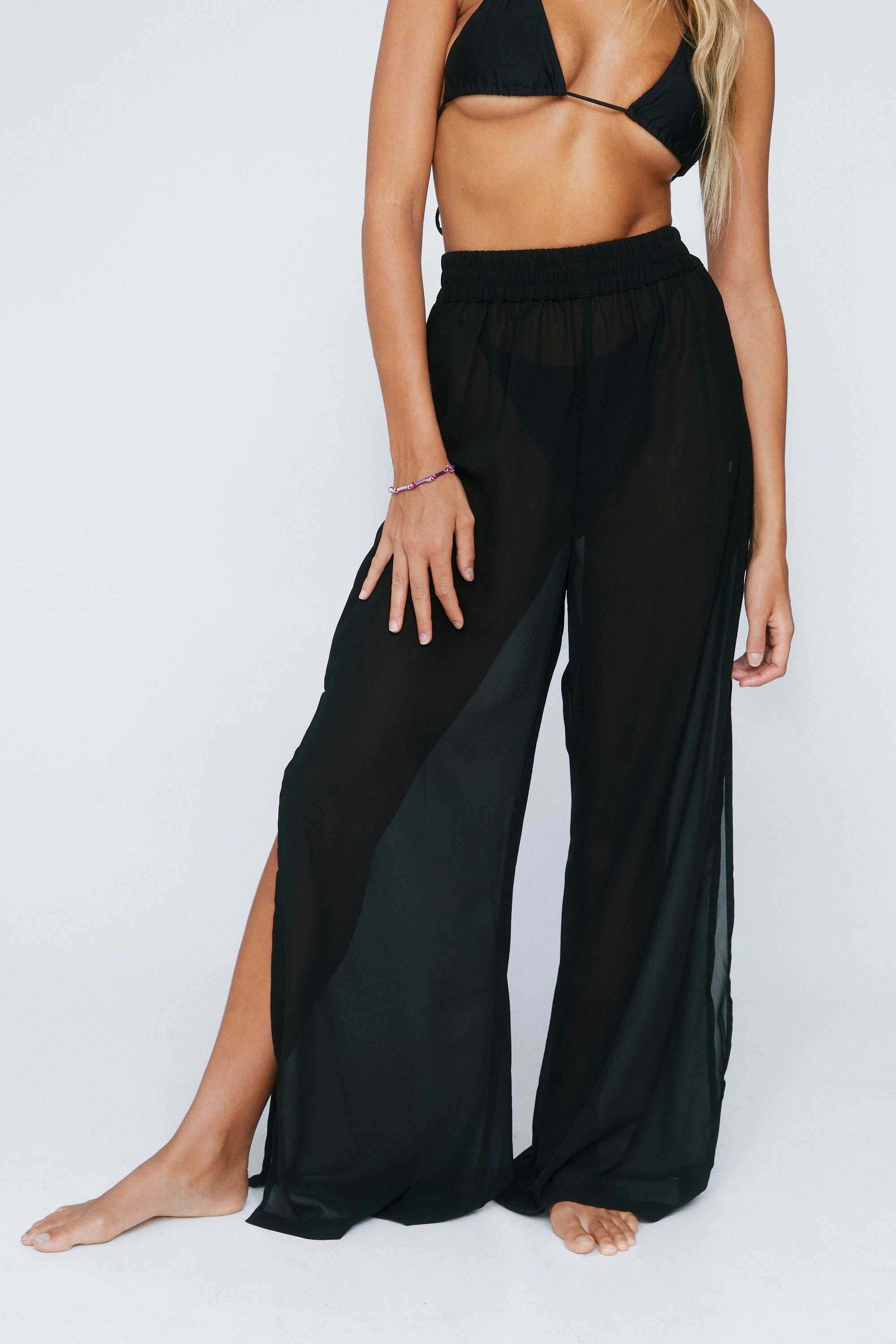 Long Chiffon Wide Leg Pants, White High Waist Split Chiffon