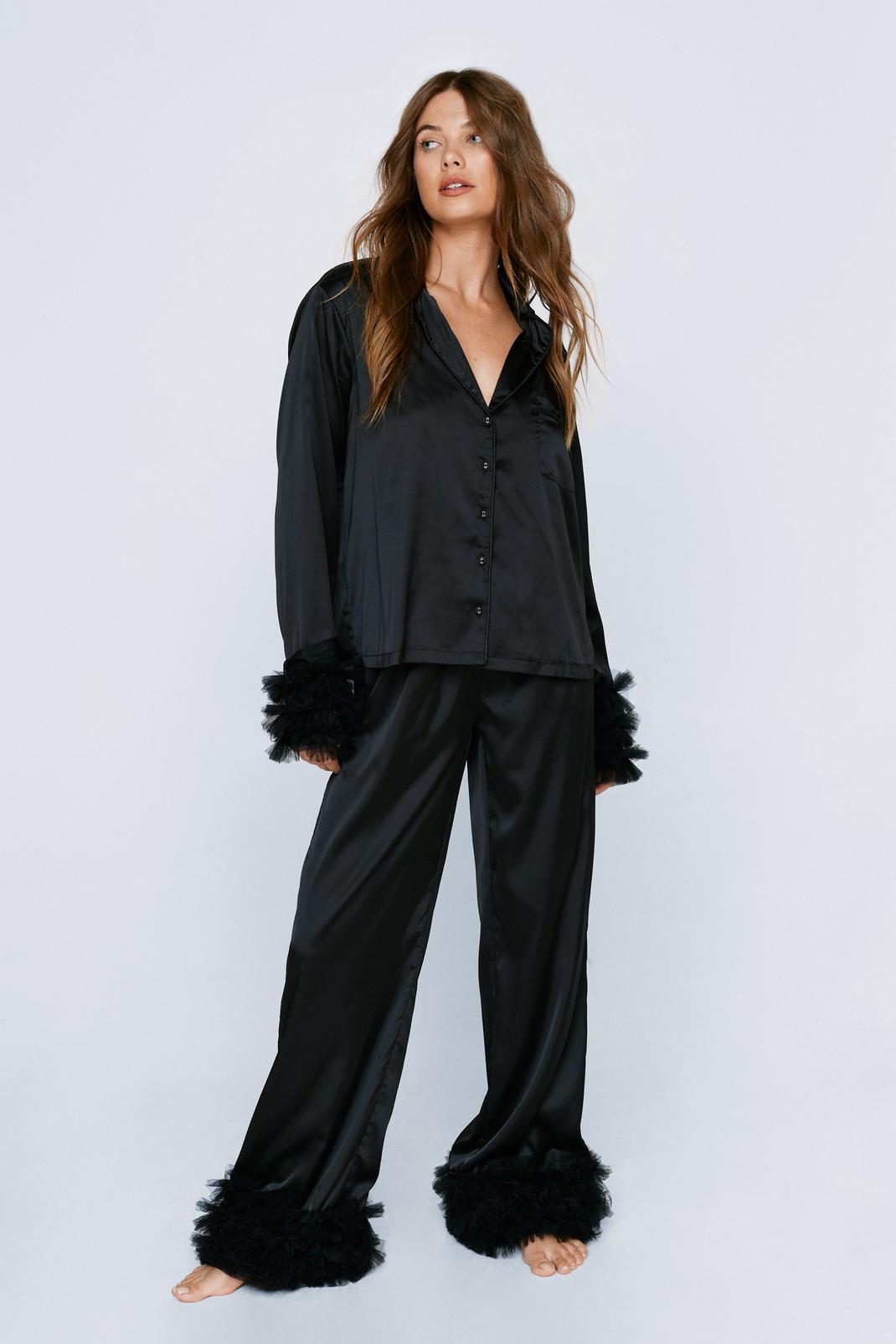 Black Satin Tulle Pyjama Shirt and Trousers Set image number 1