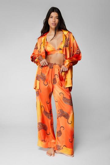 Orange Satin Leopard 3pc Shirt Bralette & Pants Pajama Set