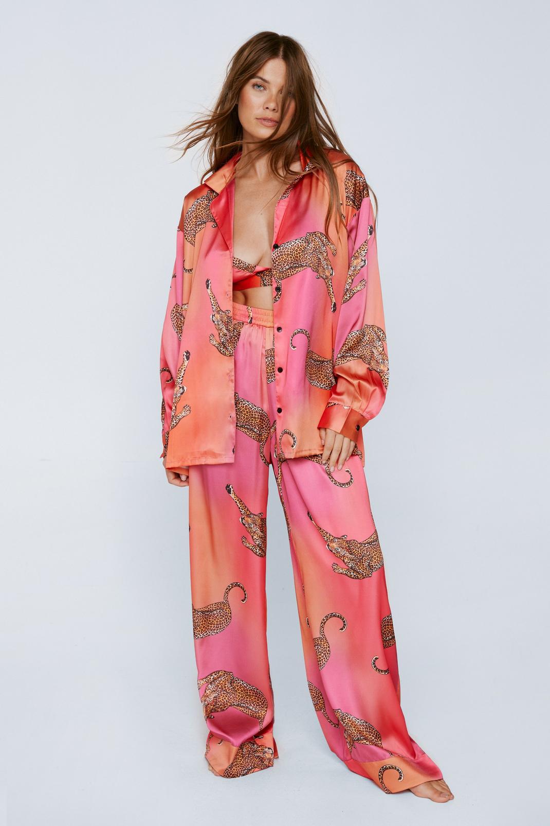 Pink Satin Leopard 3pc Shirt Bralette & Pants Pajama Set image number 1