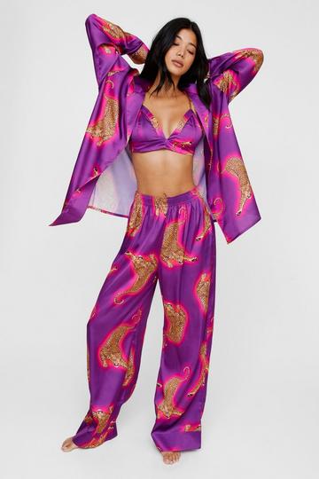 Purple Satin Leopard 3pc Shirt Bralette & Pants Pajama Set