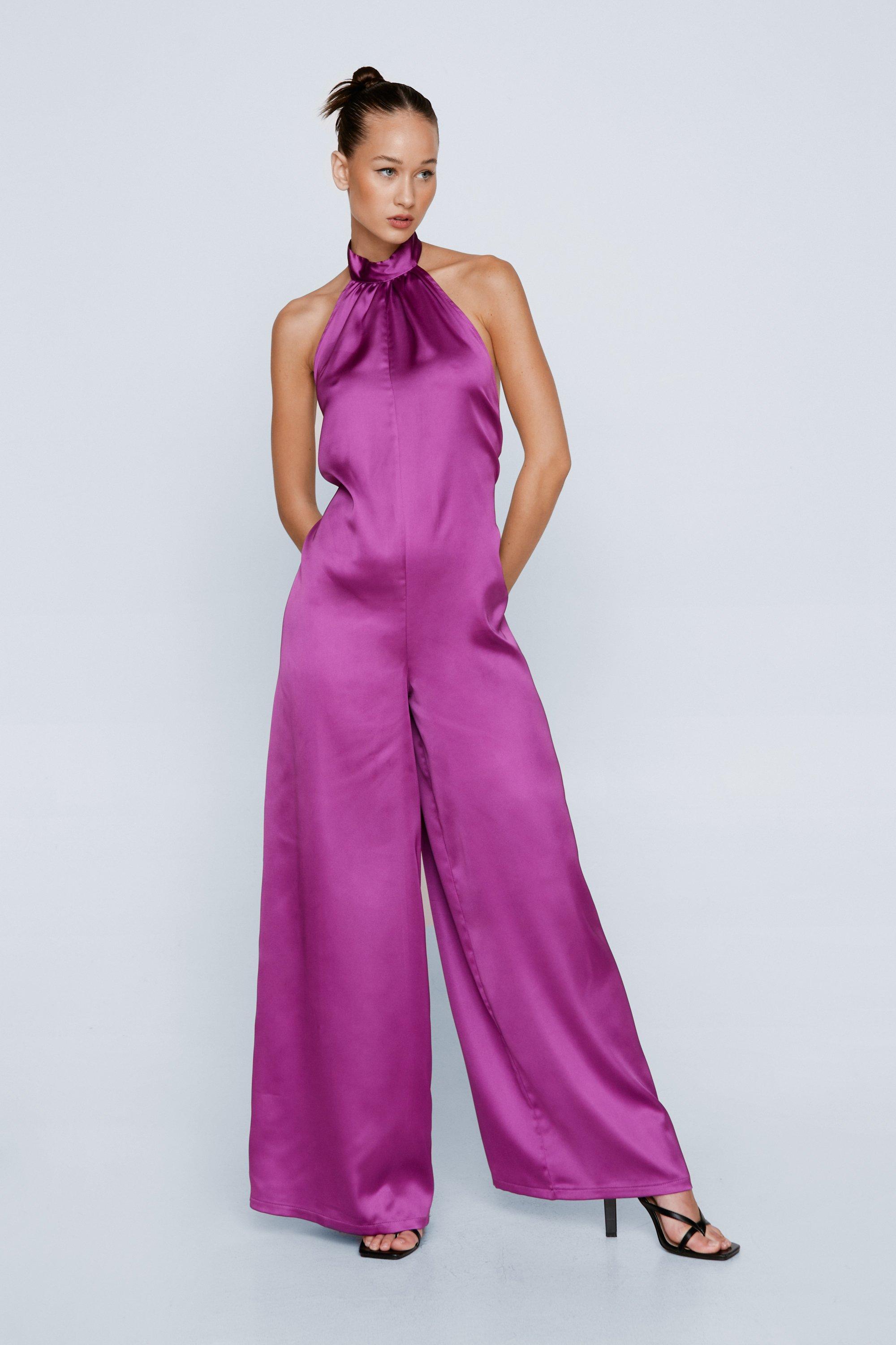 Halter-neck satin jumpsuit