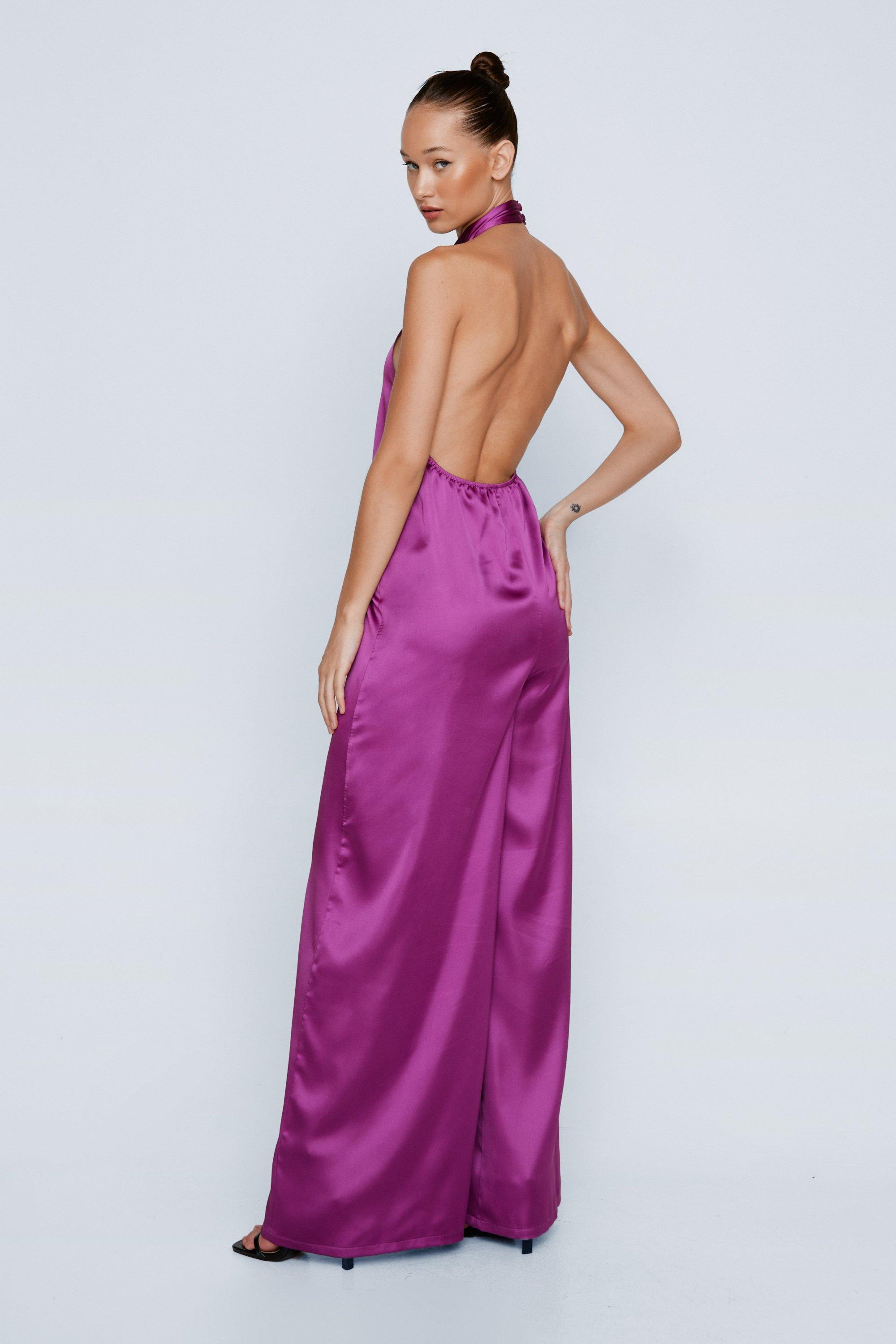 Halterneck Satin Jumpsuit Purple