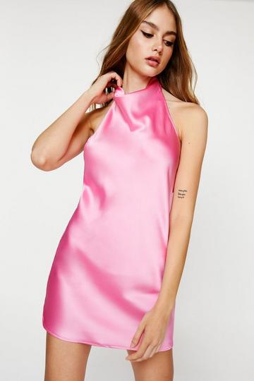 Pink Petite Satin Cowl Halter Neck Mini Dress
