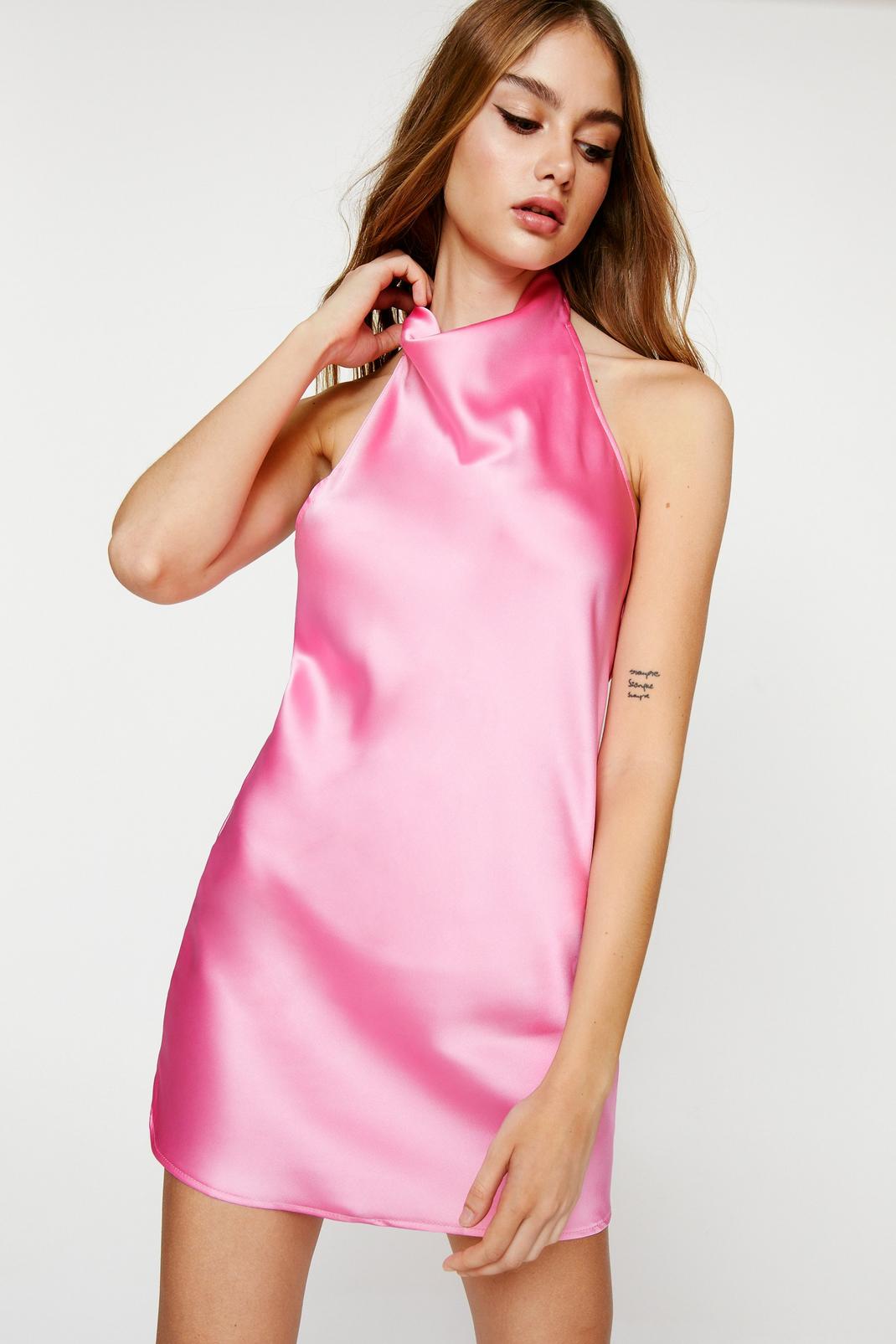 Pink Petite Satin Cowl Halter Neck Mini Dress image number 1