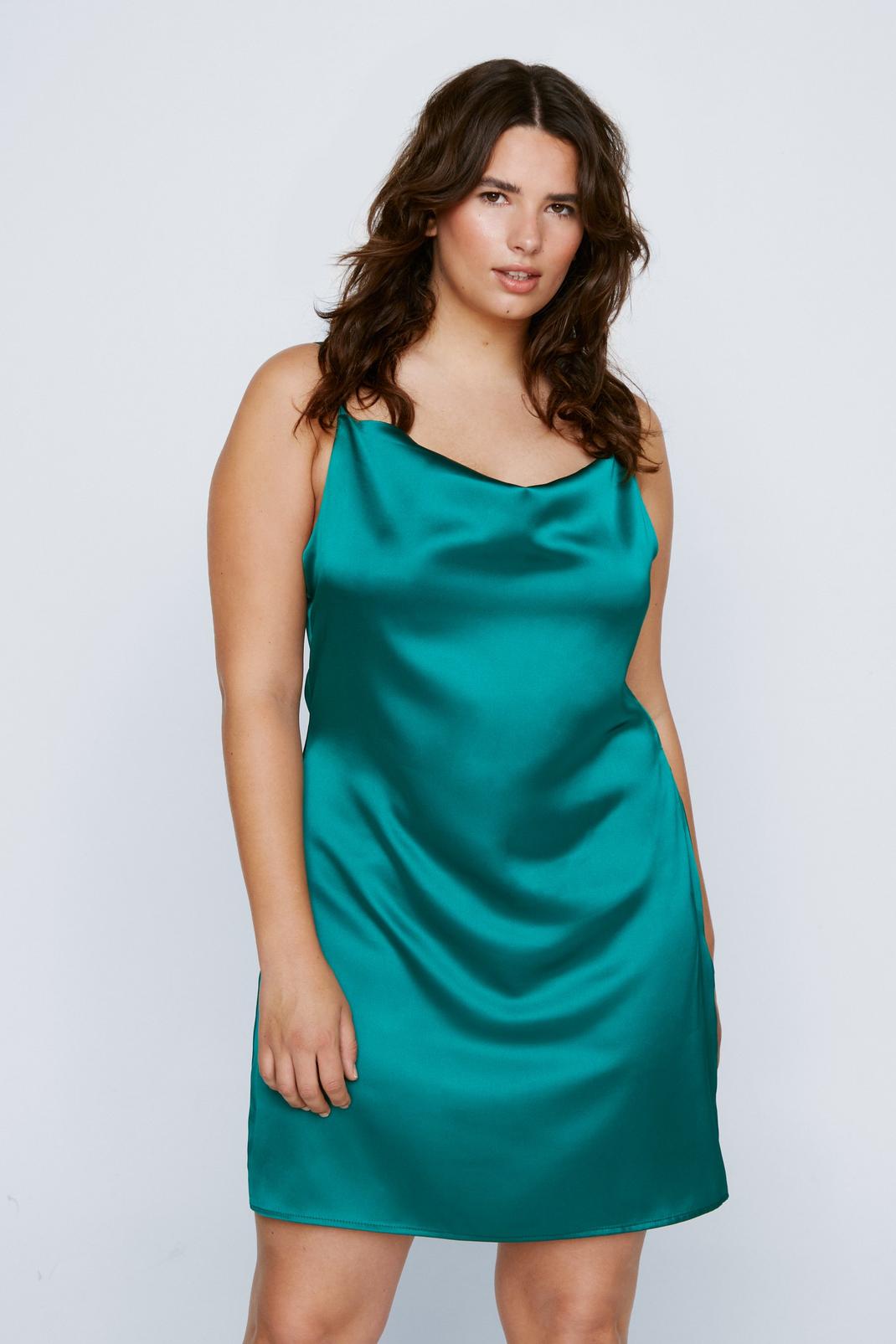 Emerald Plus Size Satin Cowl Mini Slip Dress image number 1