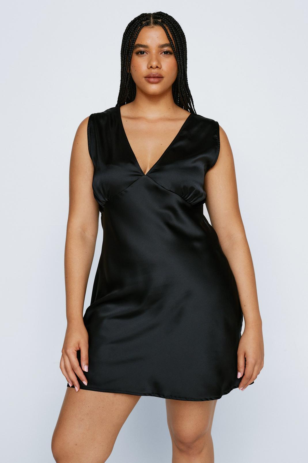 Black Plus Size Satin V Neck Mini Dress image number 1