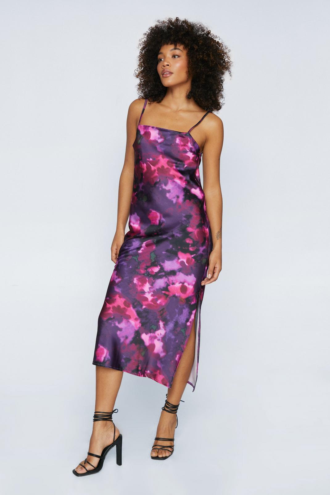 Purple Marble Satin Print Square Neck Slip Dress image number 1