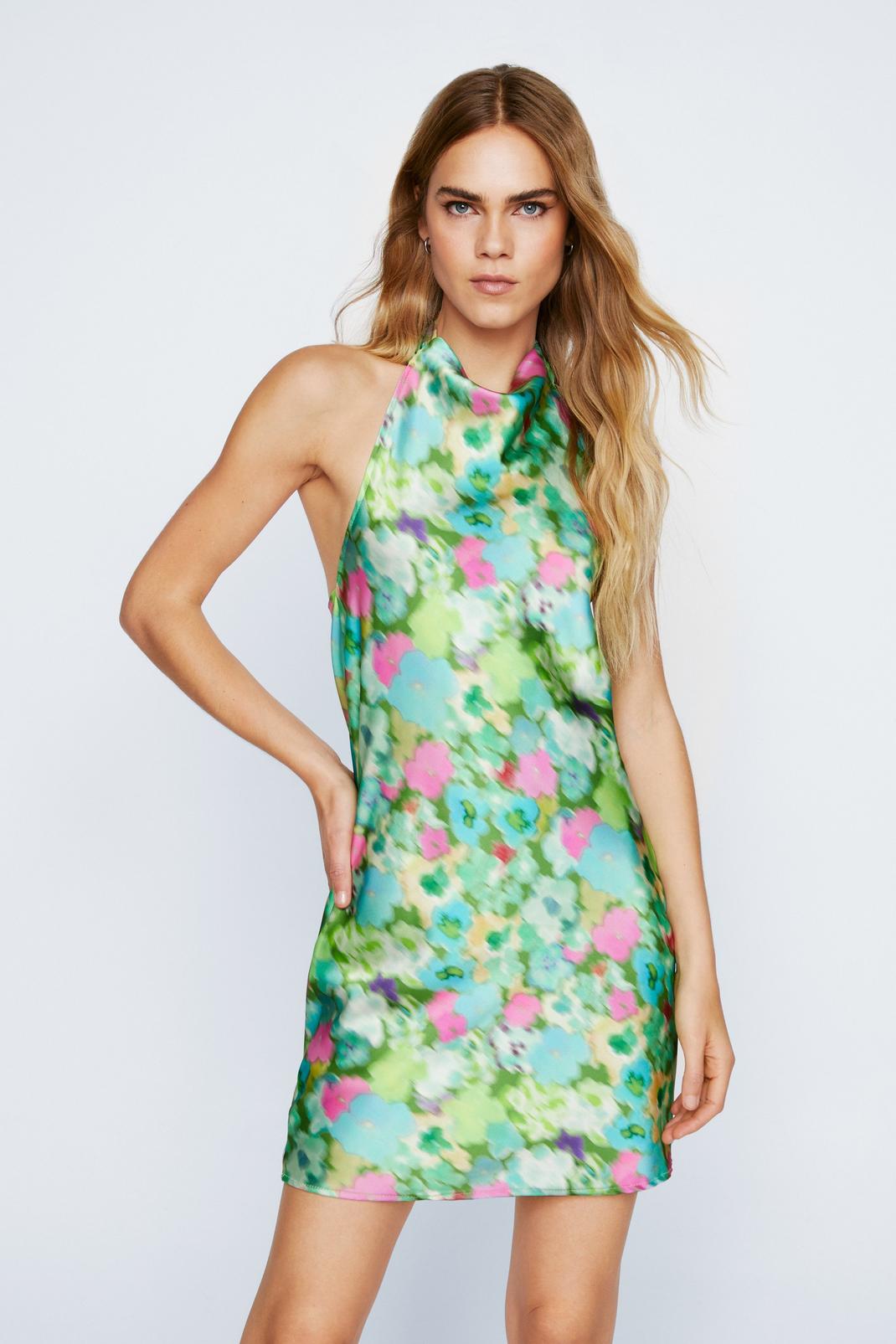 Green Satin Blurred Floral Cowl Neck Mini Dress image number 1