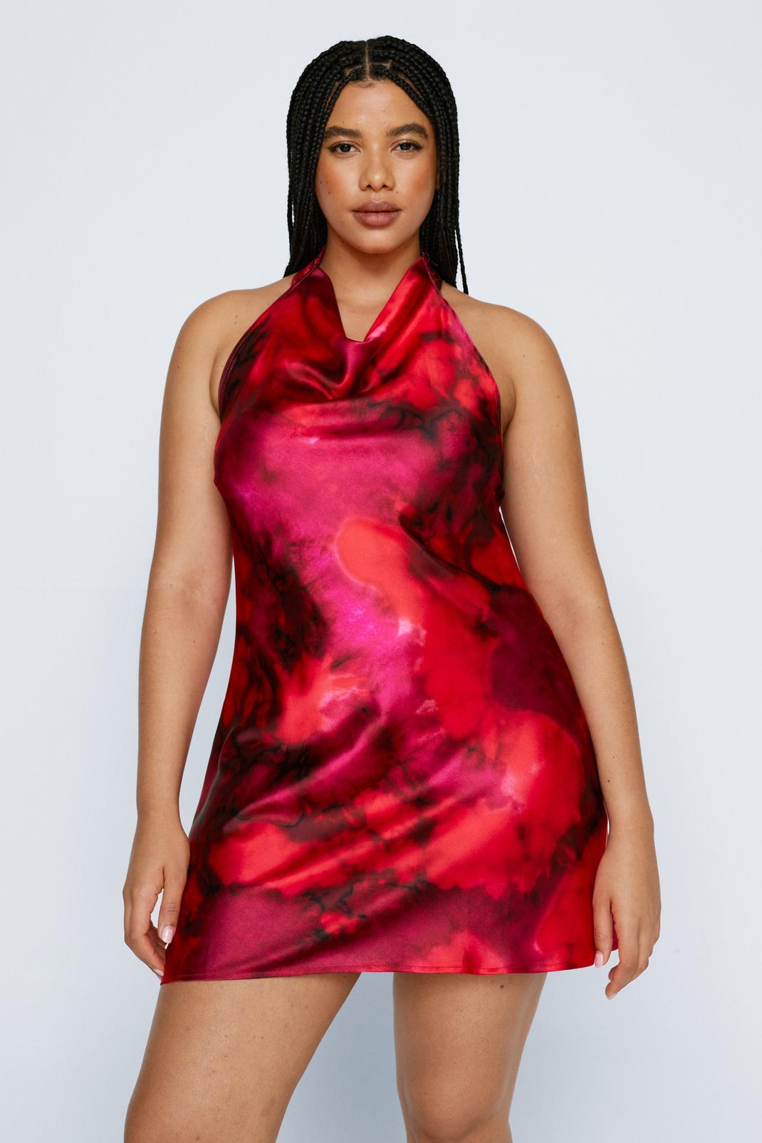 Grande taille - Mini robe satinée imprimé tie & dye à col bénitier, Red image number 1