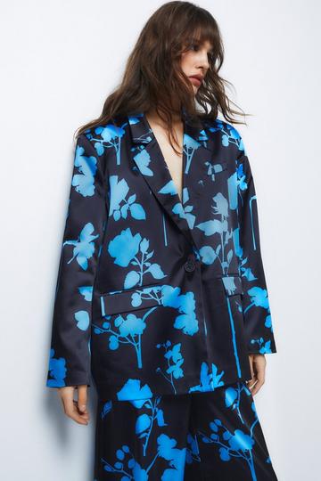 Black Premium Satin Floral Printed Blazer