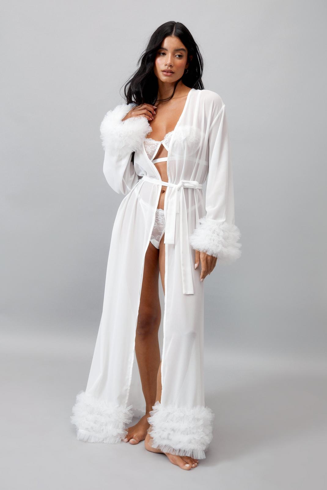 sheer silk robe with feather trim - 100% silk chiffon bridal