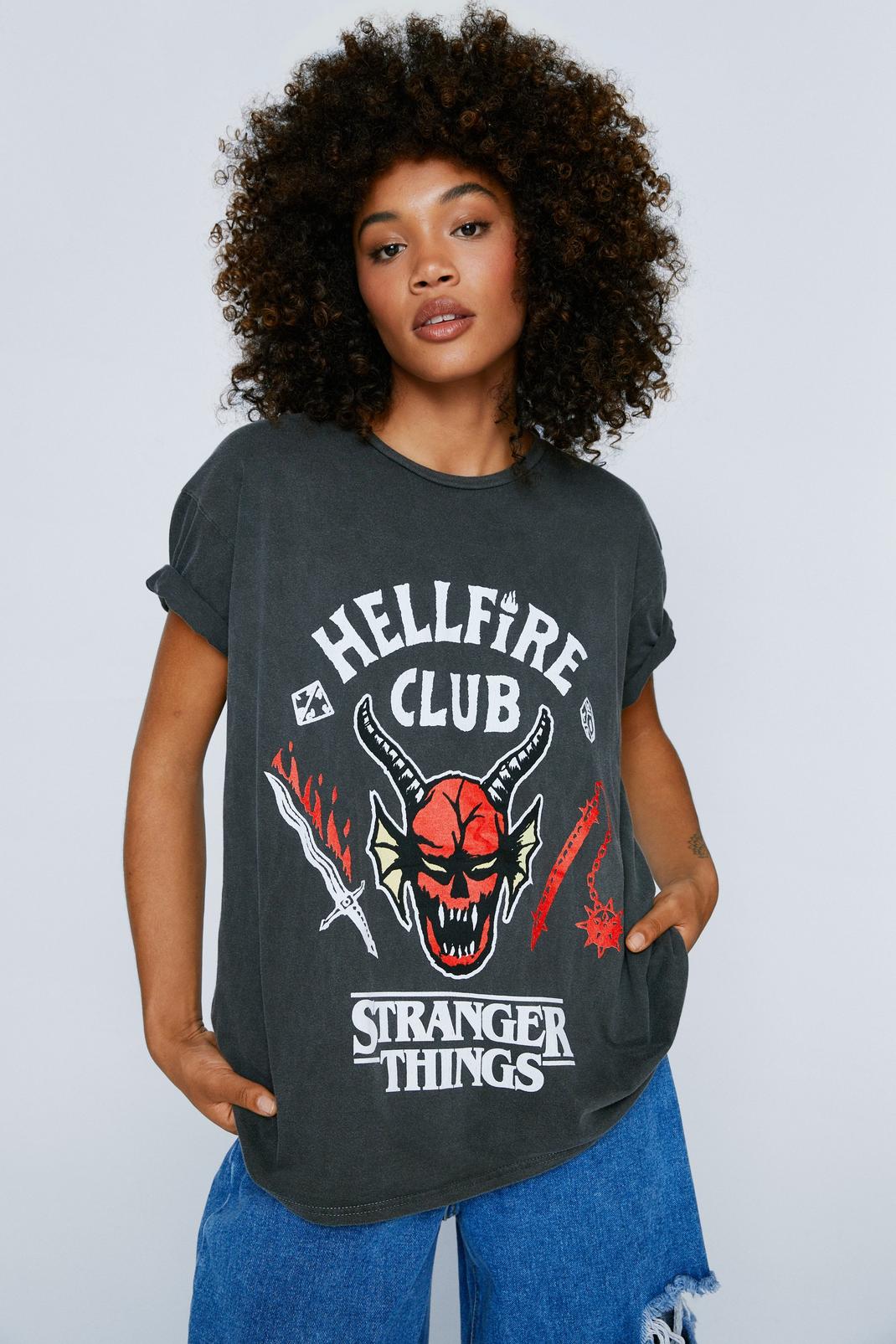 Charcoal Stranger Things Hellfire Club Oversized T-Shirt image number 1
