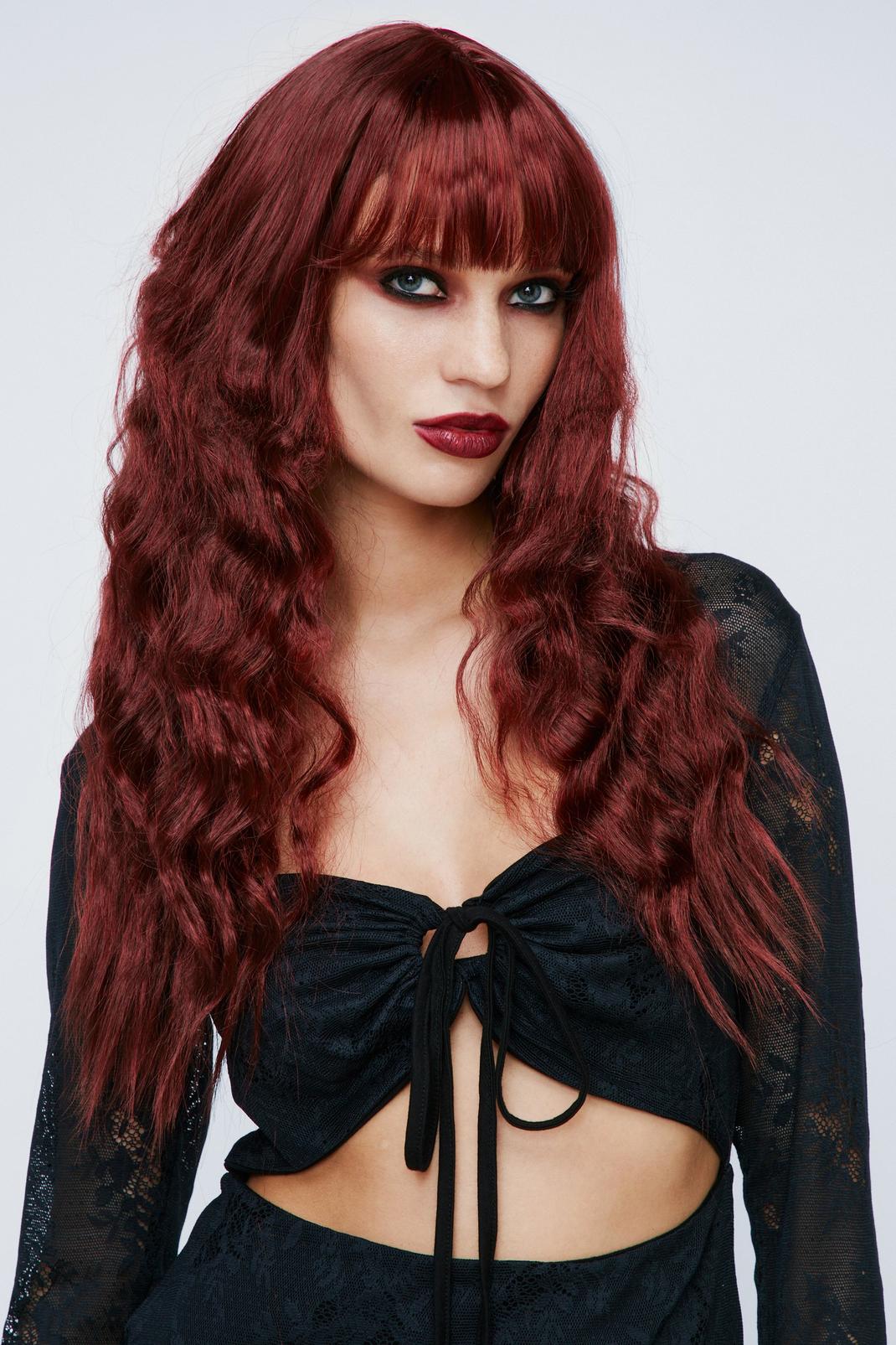 Red Long Hair Curly Wig with Bangs image number 1