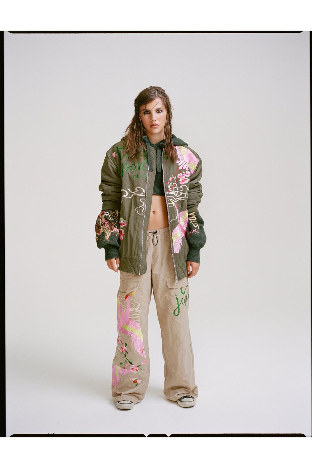 Stone Embroidered Parachute Cargo Pants image number 1