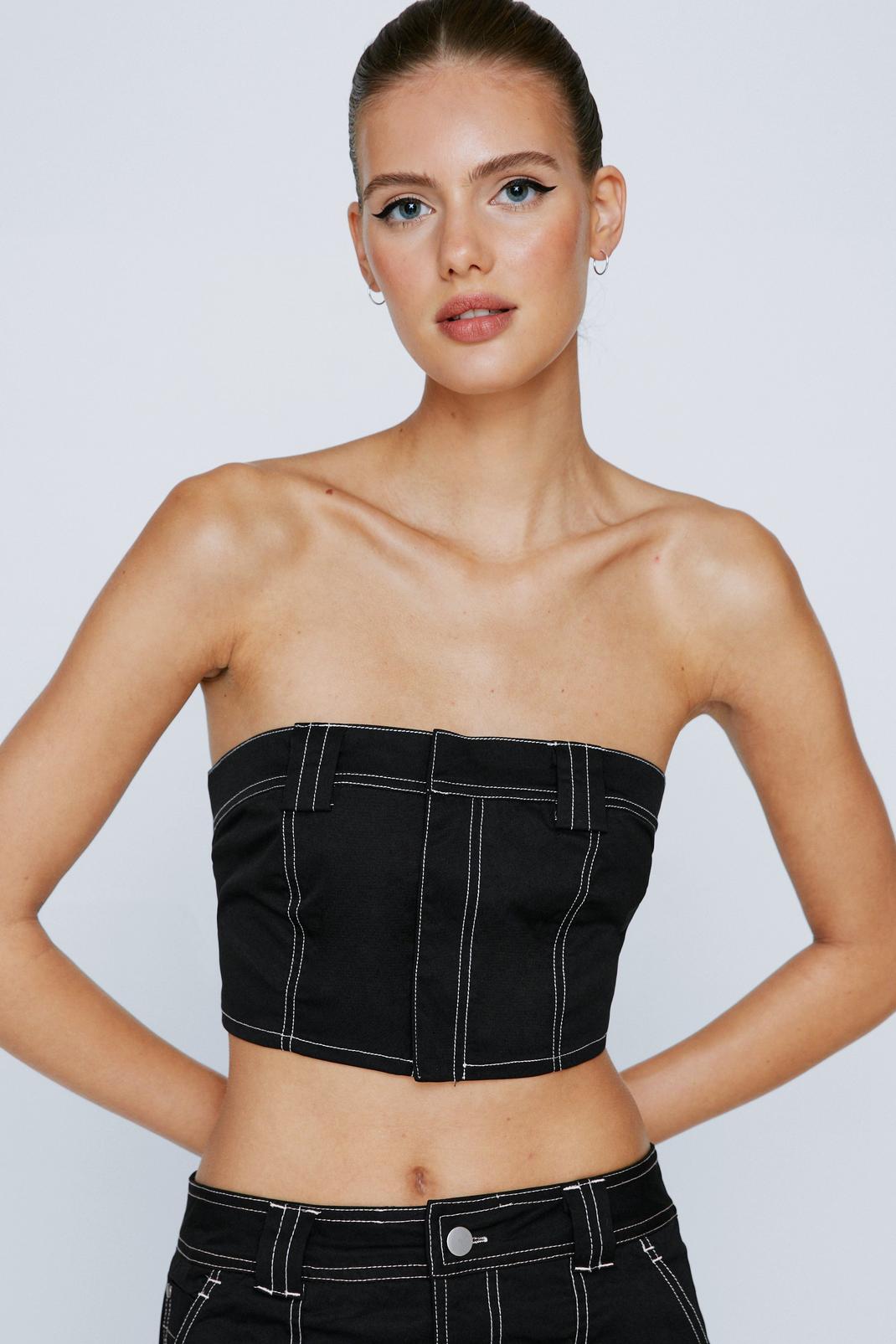 Black Exposed Stitch Twill Bandeau Corset Top  image number 1