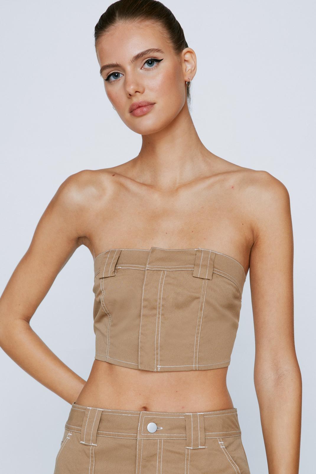 Camel Exposed Stitch Twill Bandeau Corset Top  image number 1